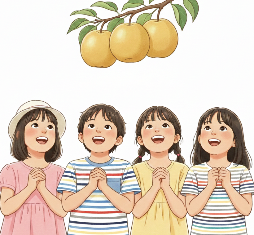 樹上完熟した梨を見上げる小学生たち